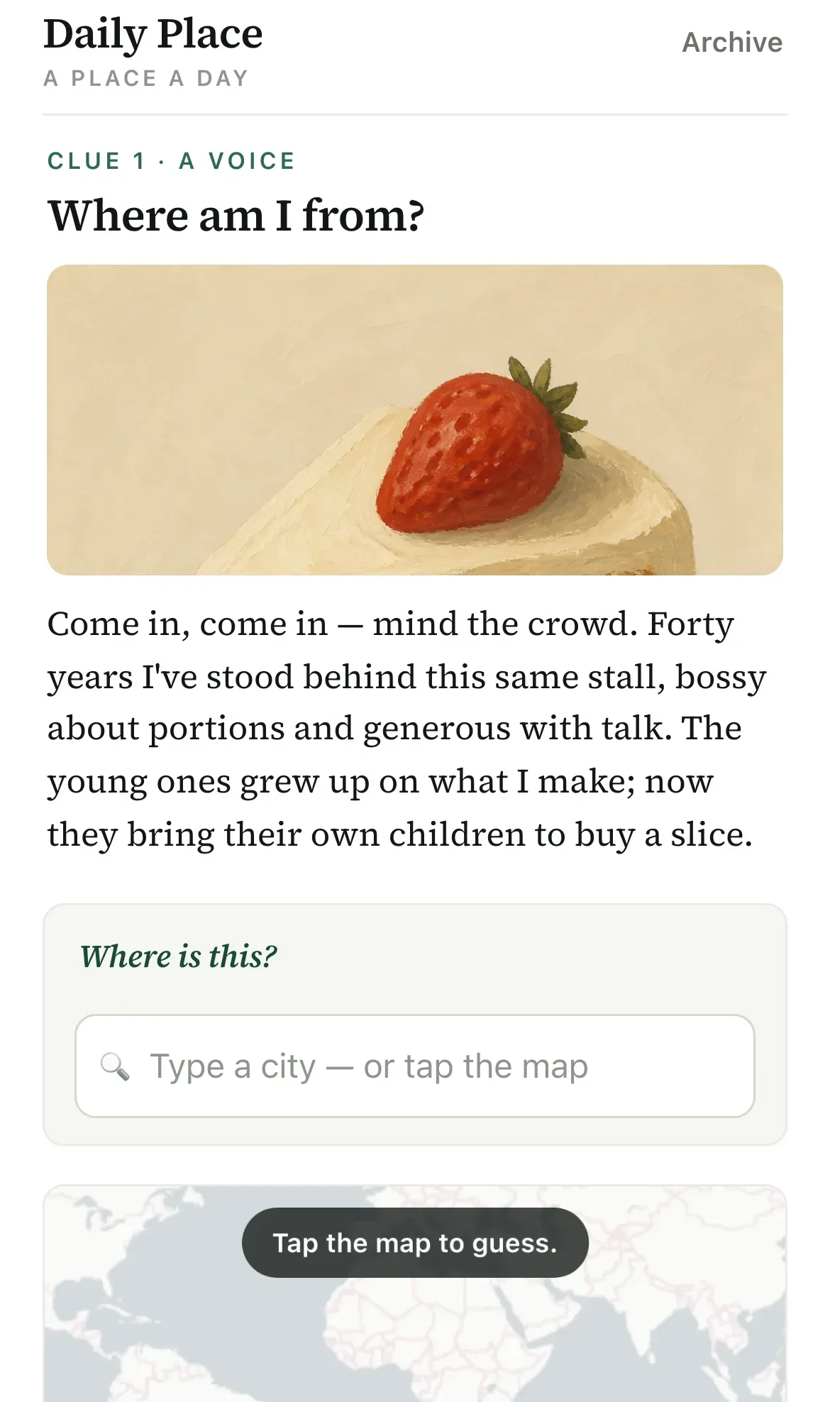 The Daily Place game on a phone: a clue to read, then guess the hidden place by city.